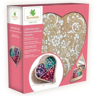 Coffret bois coeur avec 500 perles en bois - Sycomore